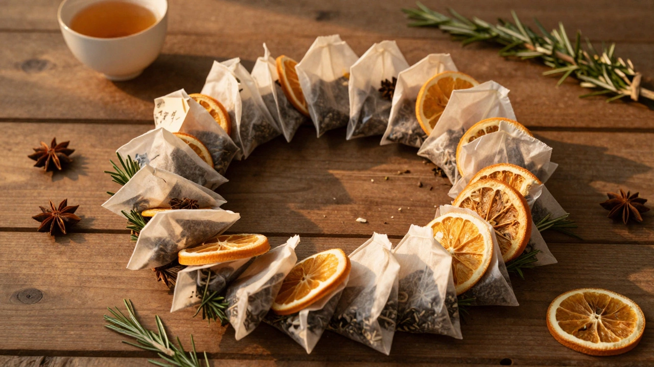 Центральная композиция из пакетиков чая, сушёных апельсинов и розмарина на деревянной доске.