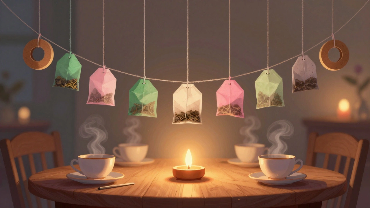 Гирлянда из пакетиков чая, подвешенная над столом, мягко освещённая свечами.