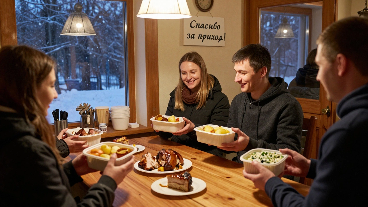 Гости уходят с контейнерами остатков еды, на столе остался кусок торта
