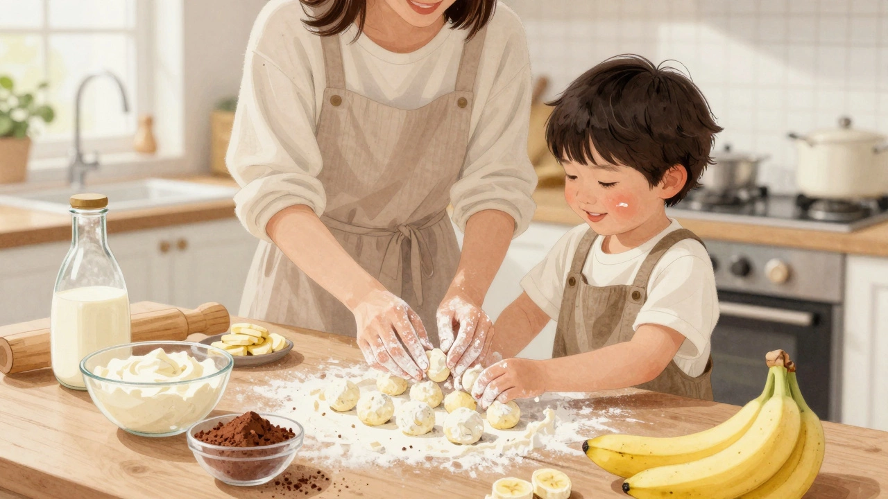 Мама и ребёнок готовят творожные шарики с бананом.