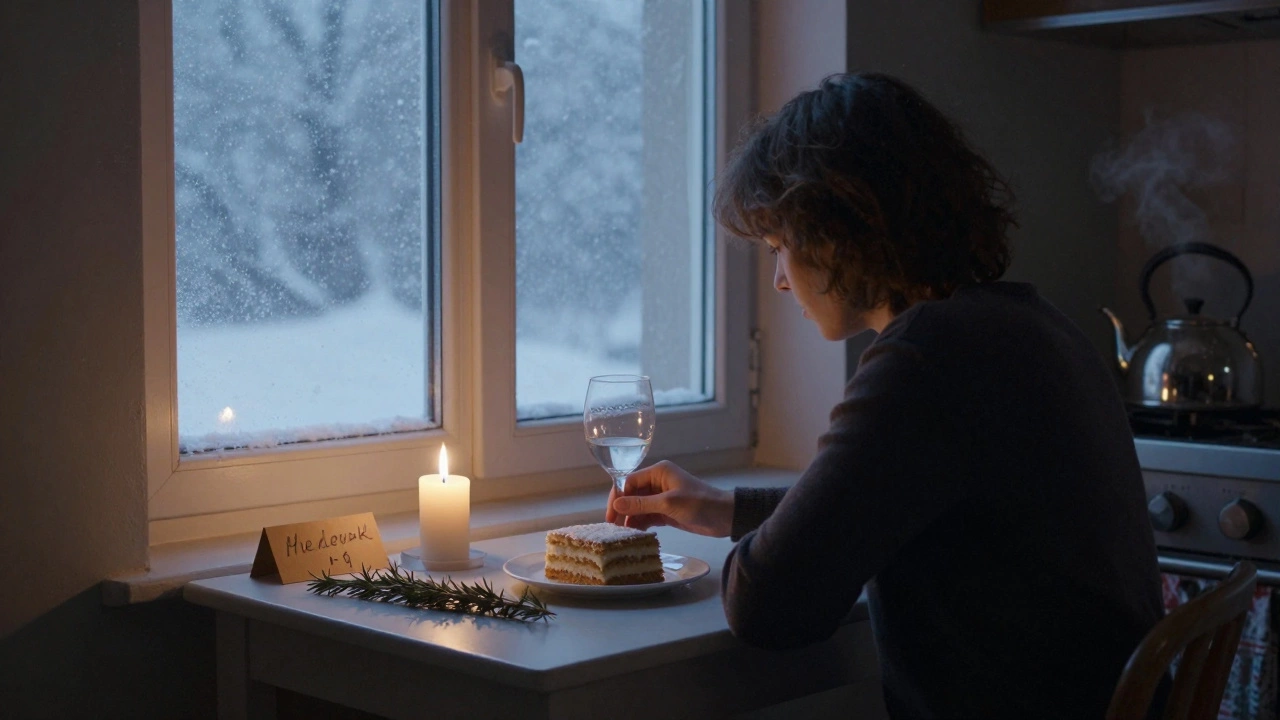 Одинокий стол с медовиком, свечой и бокалом вина у окна с падающим снегом, на тарелке — листочек розмарина.