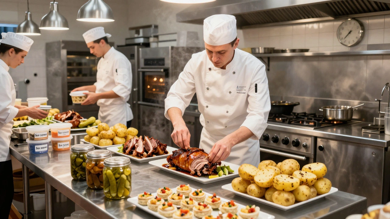 Повар разделяет 7 кг запеченной свинины на подносы на кухне с этикетками для аллергиков