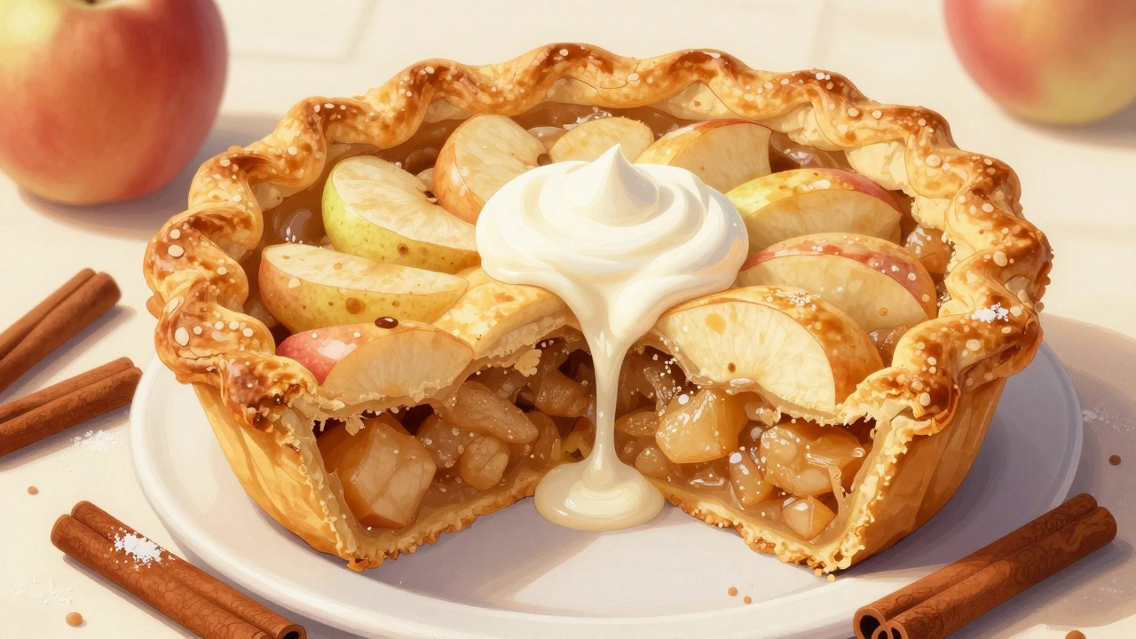 Разрезанный пирог с яблоками, влажная текстура, сметана тает на верхушке.