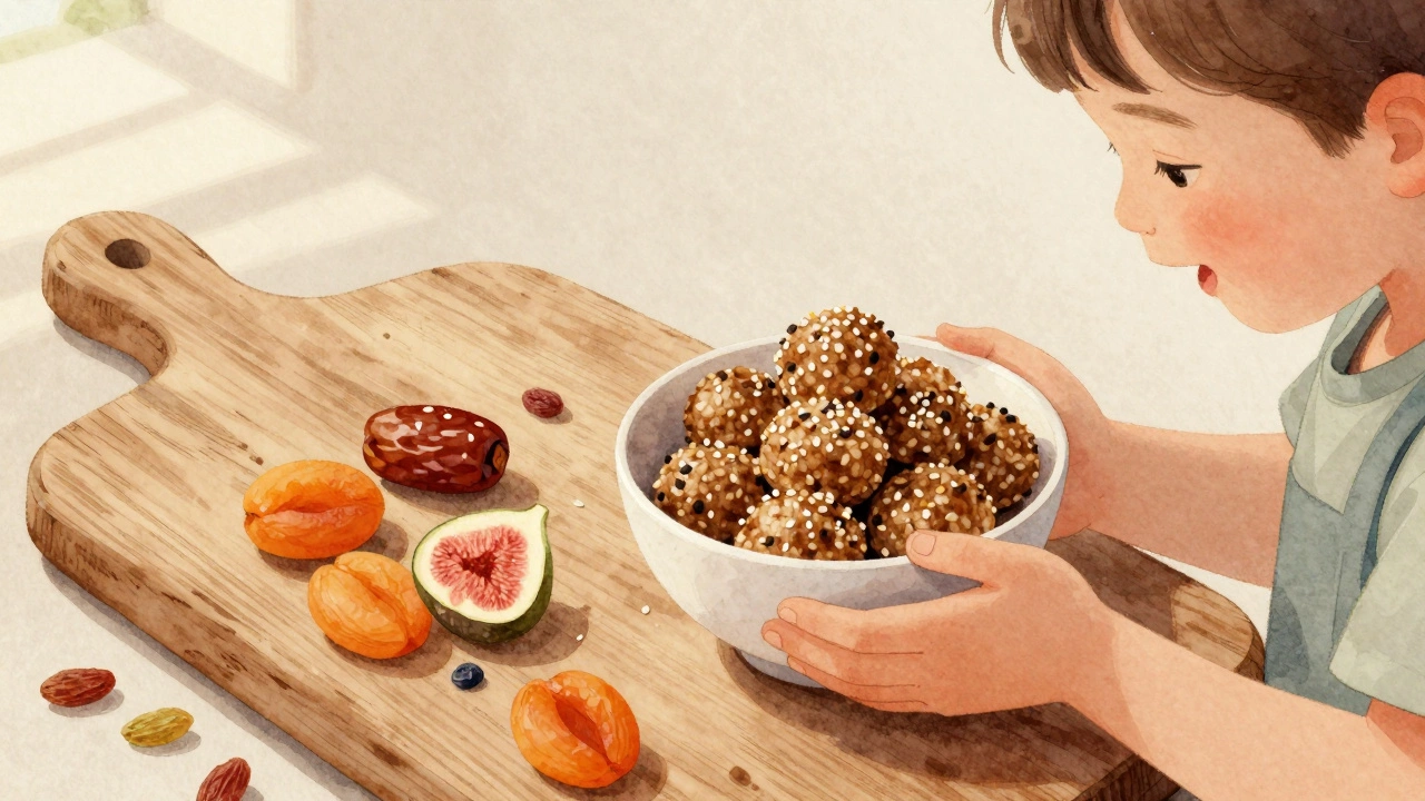 Ребенок держит овсяные шарики из фиников с сухофруктами на деревянной доске.