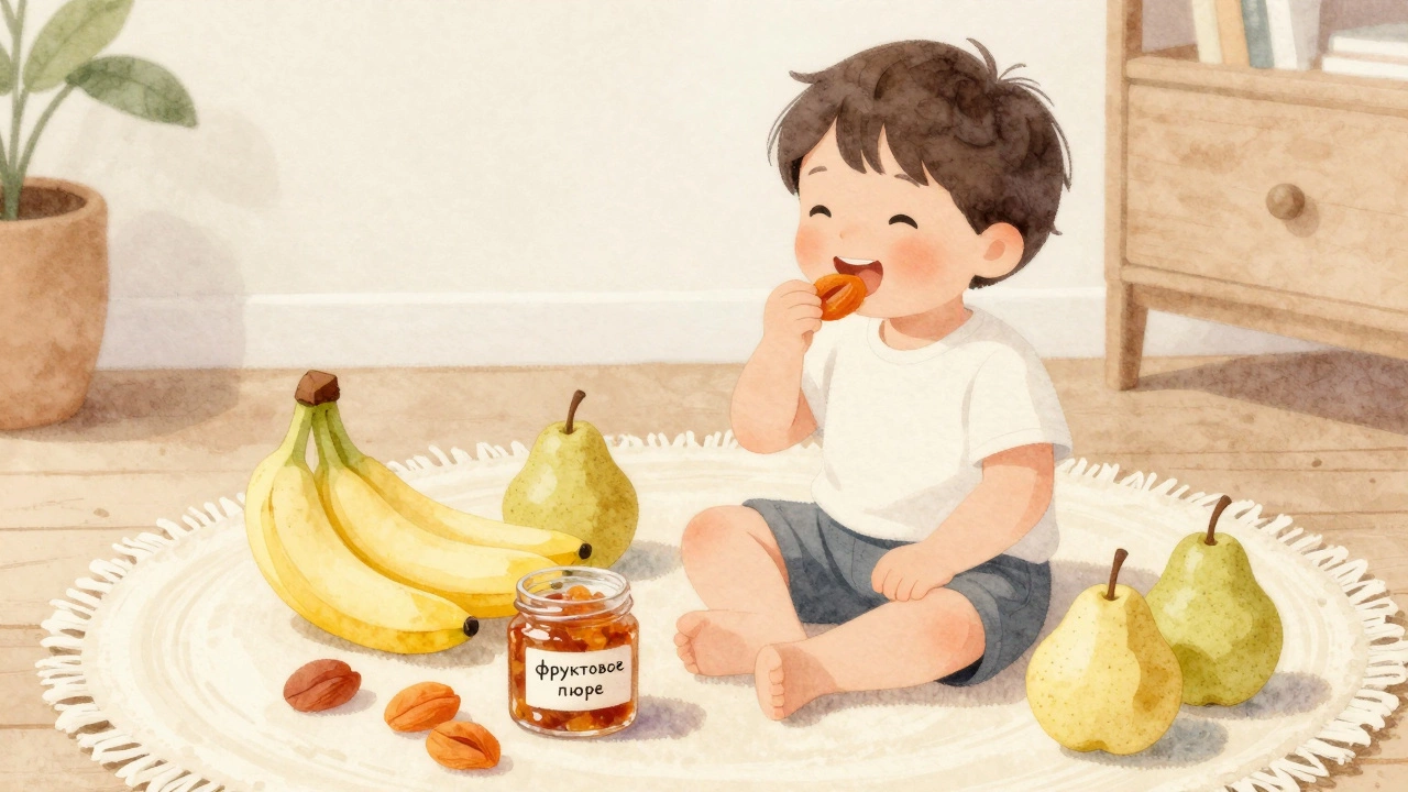 Ребенок ест мягкий кусочек кураги рядом с фруктами.