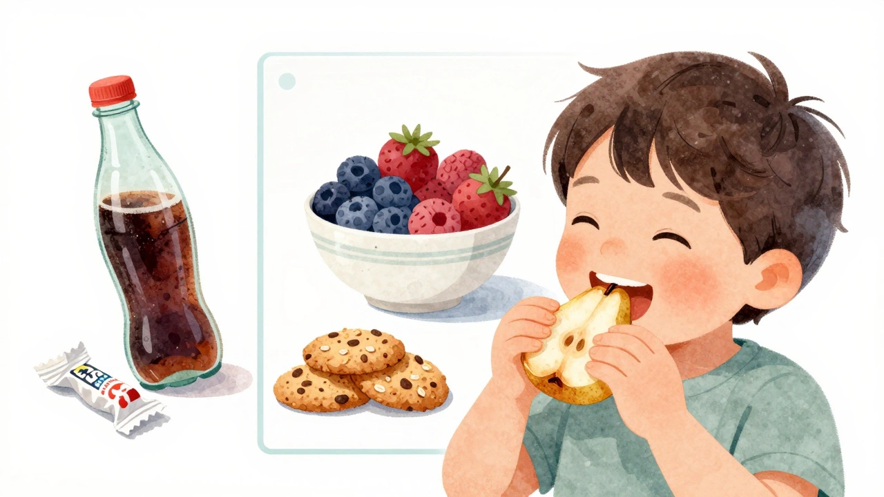 Ребенок ест запеченную грушу с корицей, рядом — контраст здоровой и вредной еды.