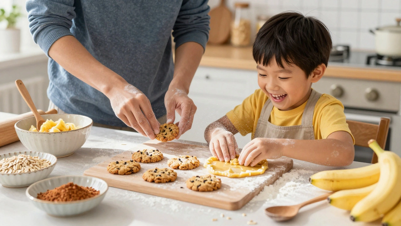 Ребёнок и родитель готовят печенье из овсянки и банана.