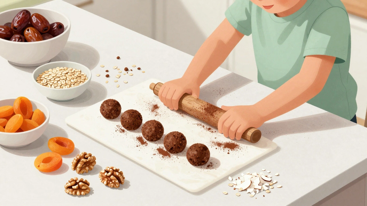 Ребёнок катает энергетические шарики из фиников, какао и орехов на кухонном столе.