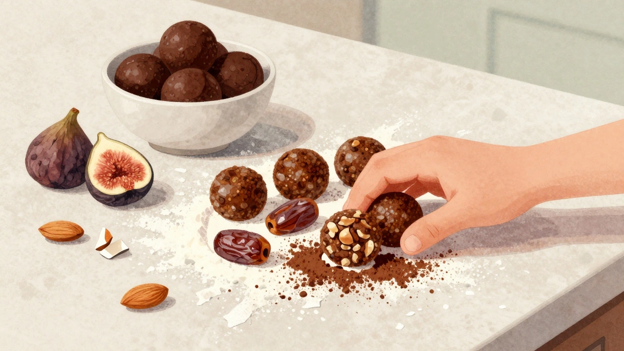 Ребёнок катает энергетические шарики из фиников, орехов и какао.