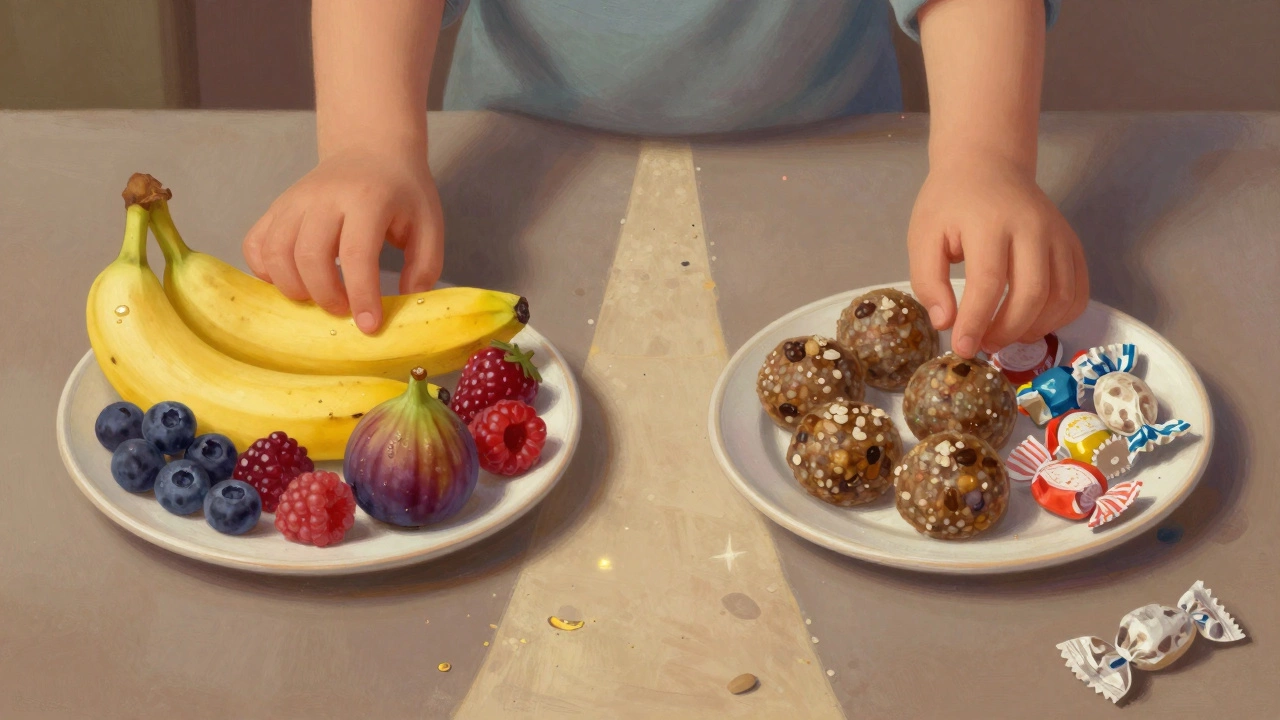 Ребёнок выбирает между фруктами и конфетами — здоровая еда светится.