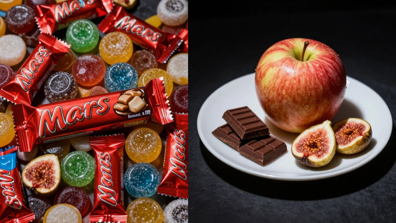 Сравнение вредных конфет и полезных натуральных сладостей на тарелке.