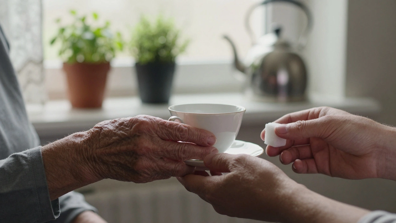 Старая женщина ставит чашку чая перед гостем, молодой человек подает кусочек сахара.