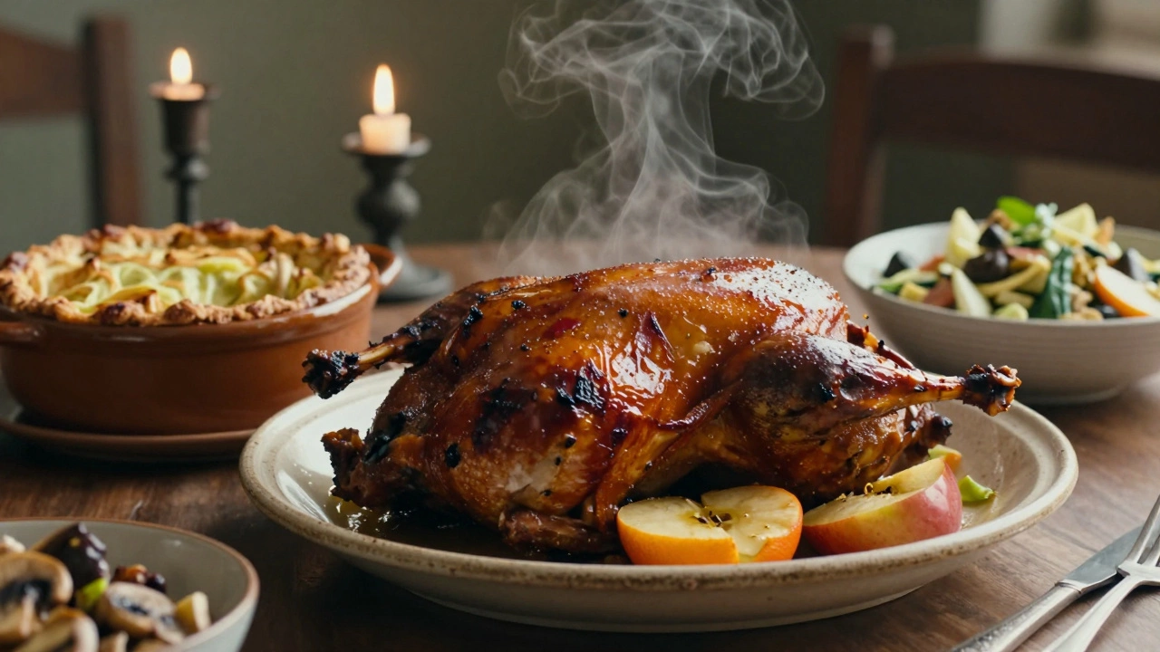 Запечённая утка с яблоками и апельсинами на керамической тарелке рядом с пирогом и салатом оливье при свете свечей.