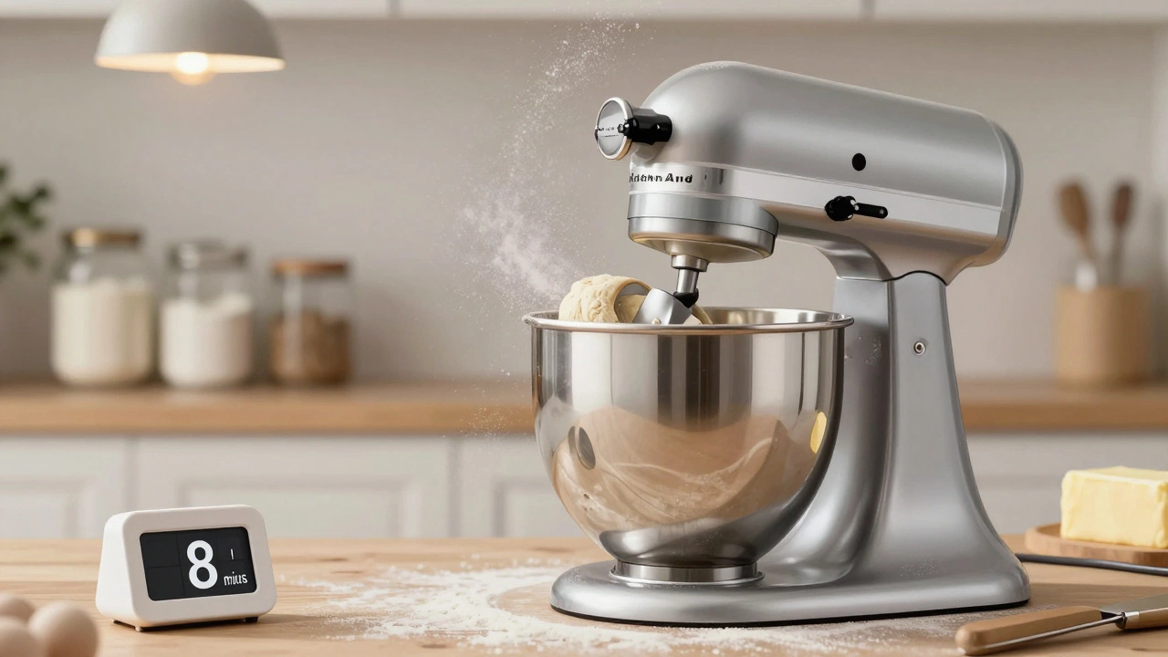 Миксер KitchenAid замешивает плотное тесто, мука летит в воздухе, за ним видны банки с мукой и масло.