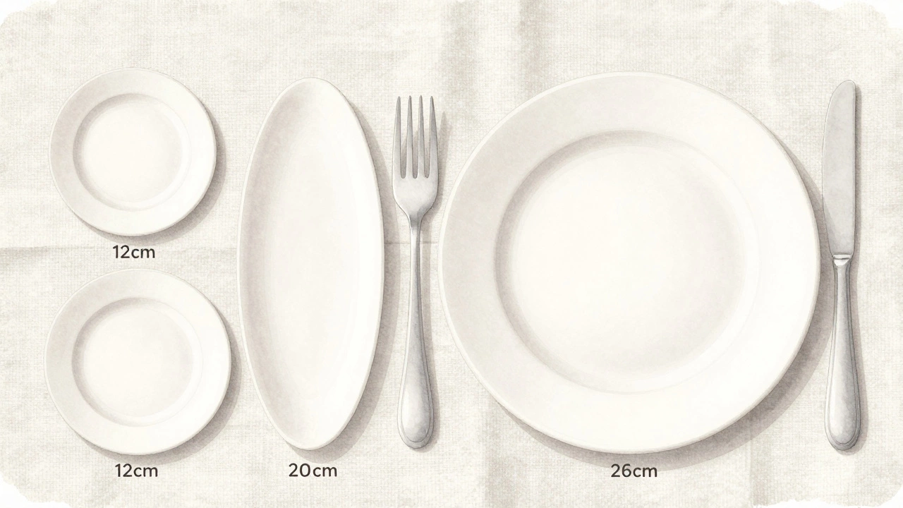 Минималистичное изображение трех типов тарелок разного размера на скатерти.