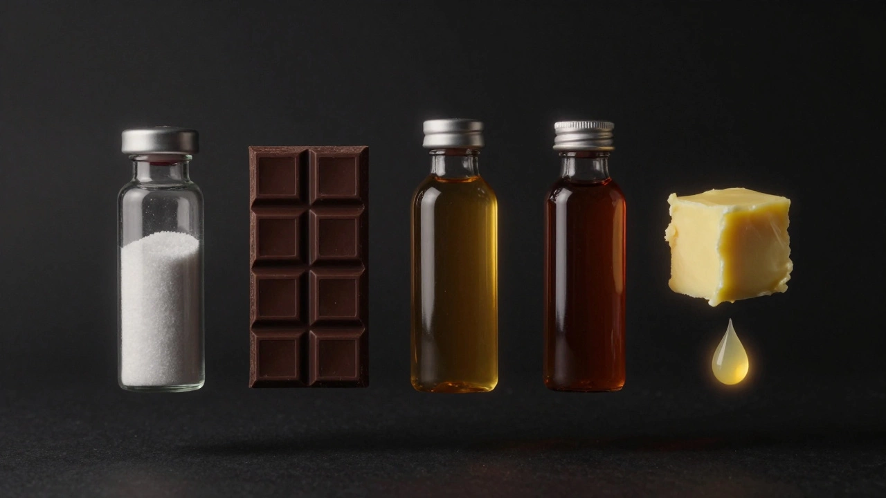 Пять ключевых ингредиентов для глазури, представленные как научные образцы на темном фоне.