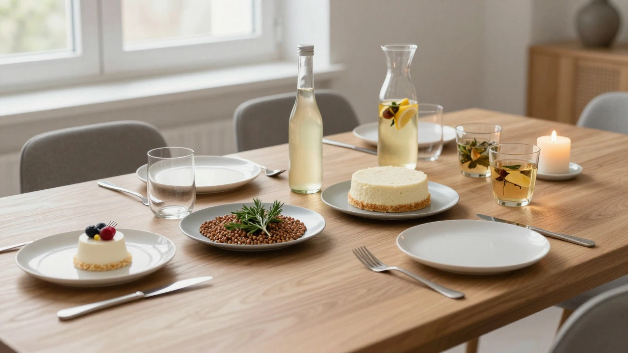 Простой праздничный стол с двумя гарнирами и лёгким десертом, рядом — кувшин с лимонадом и чай в карафах.