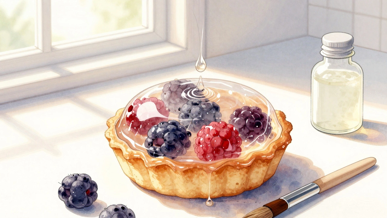 Прозрачная желатиновая глазурь покрывает фруктовый торт, капля еще не упала.