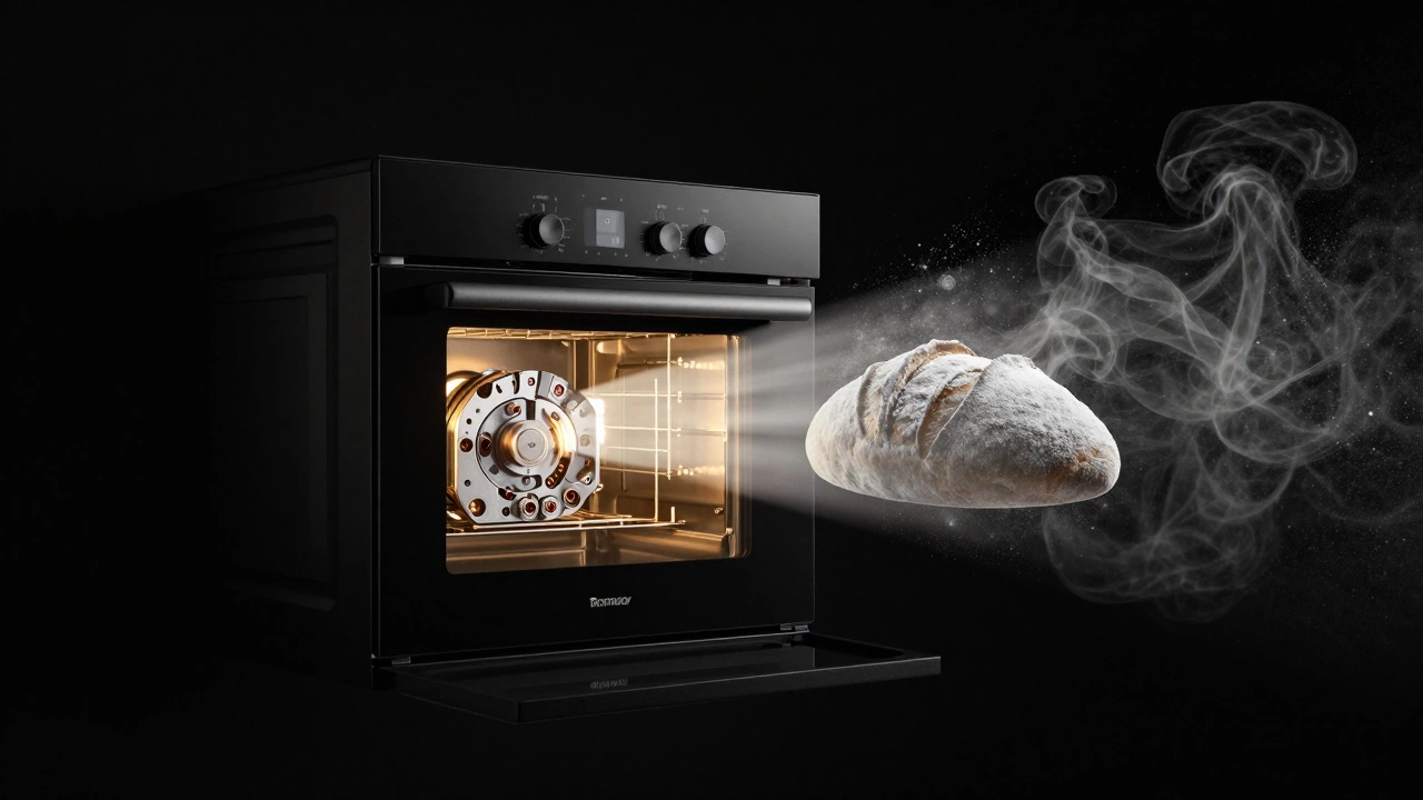 Разрез печи Thermador, показывающий внутренние механизмы и пар, формирующий форму хлеба в темном пространстве.