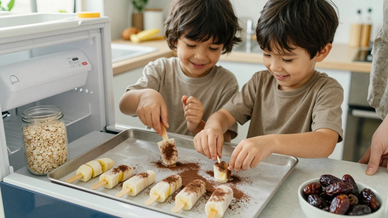 Ребёнок и взрослый готовят банановые мороженые палочки на кухне.