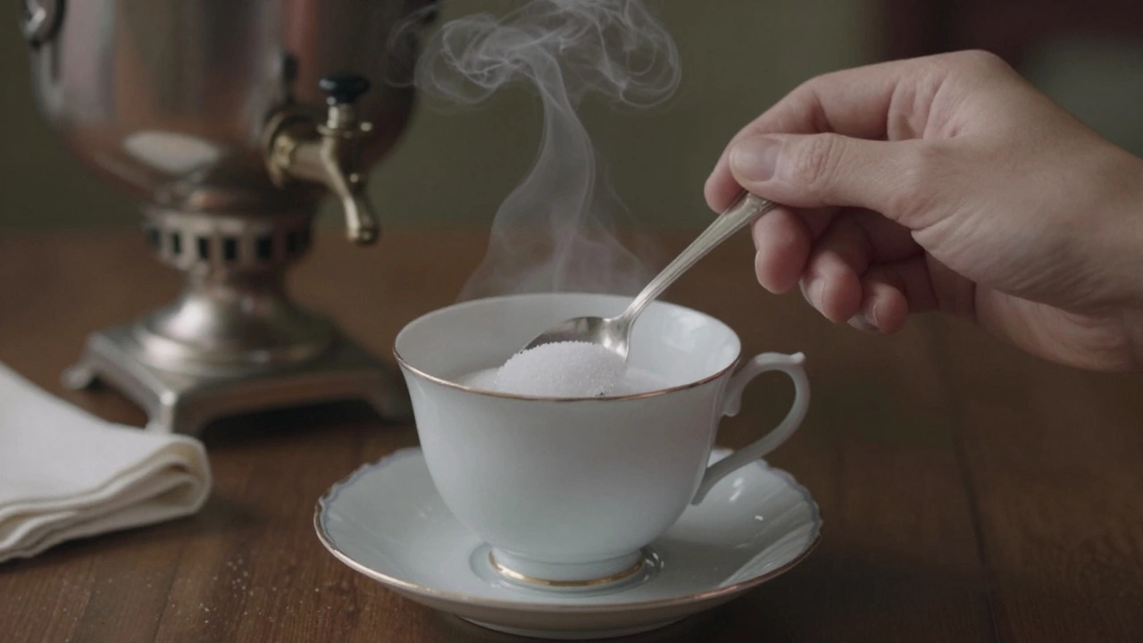 Рука мягко мешает чай тонкой ложечкой, пар поднимается, всё спокойно и утончённо.