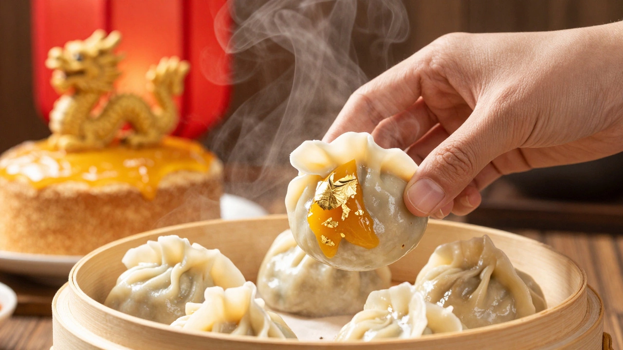 Руки кладут пельмень с золотой фольгой в пароварку, на фоне красного фонаря и золотого торта.