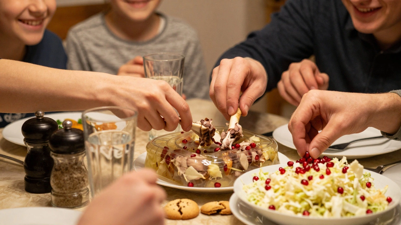 Семья готовит еду на Новый год: снимает мясо с костей и добавляет гранат в салат.