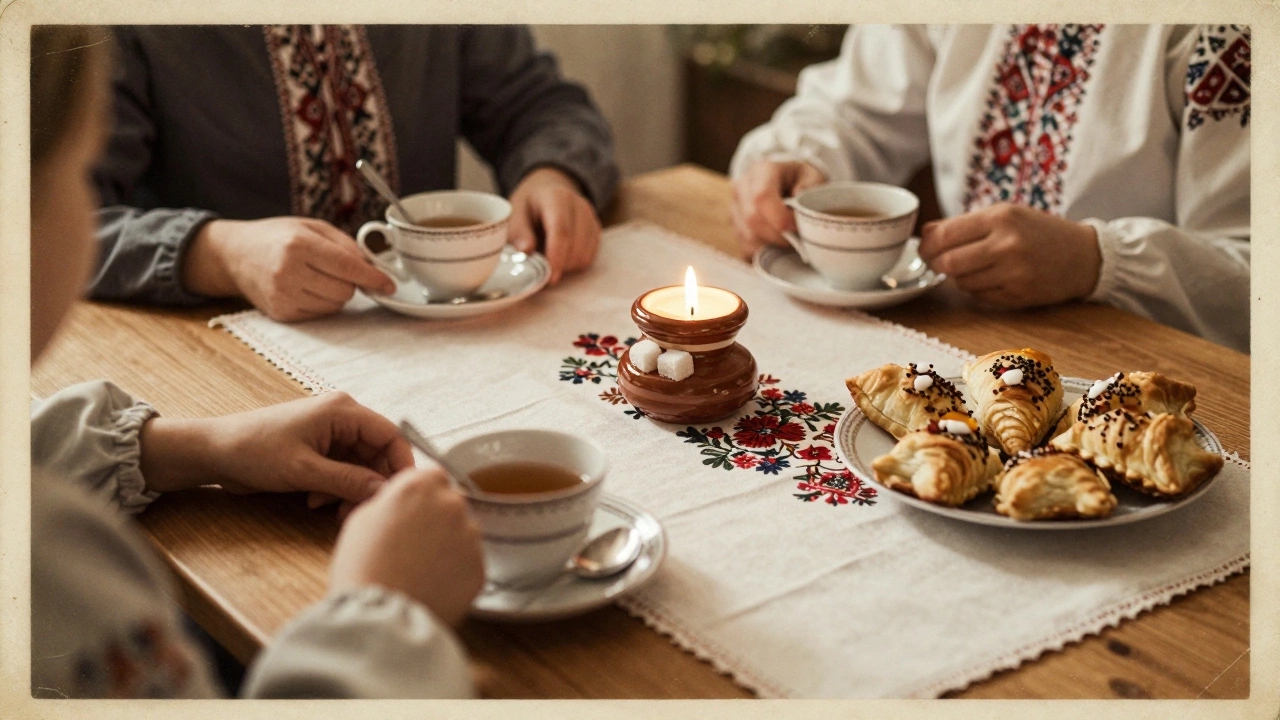 Семейный чайный стол во время Масленицы: чашки, ложки на блюдцах, пирожные, тёплый свет.