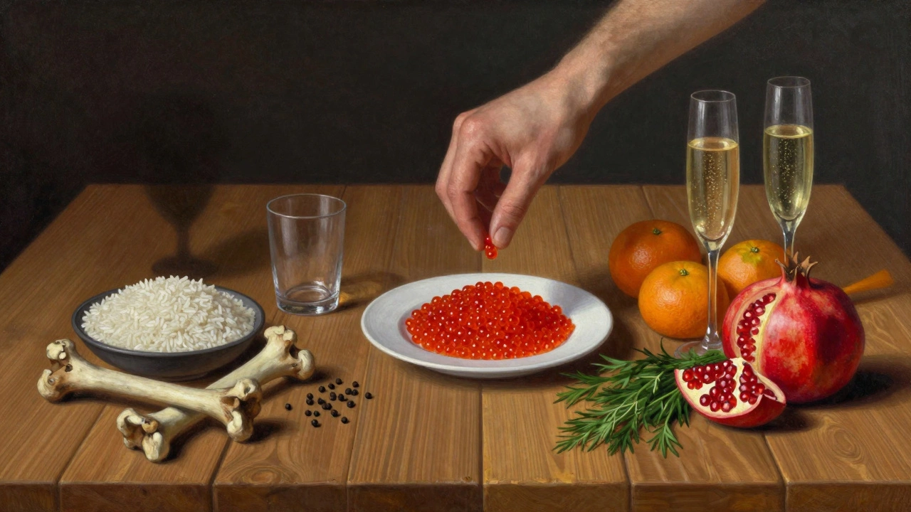 Символическое изображение: тёмная сторона стола с запрещёнными блюдами и светлая — с яркими, удачными.