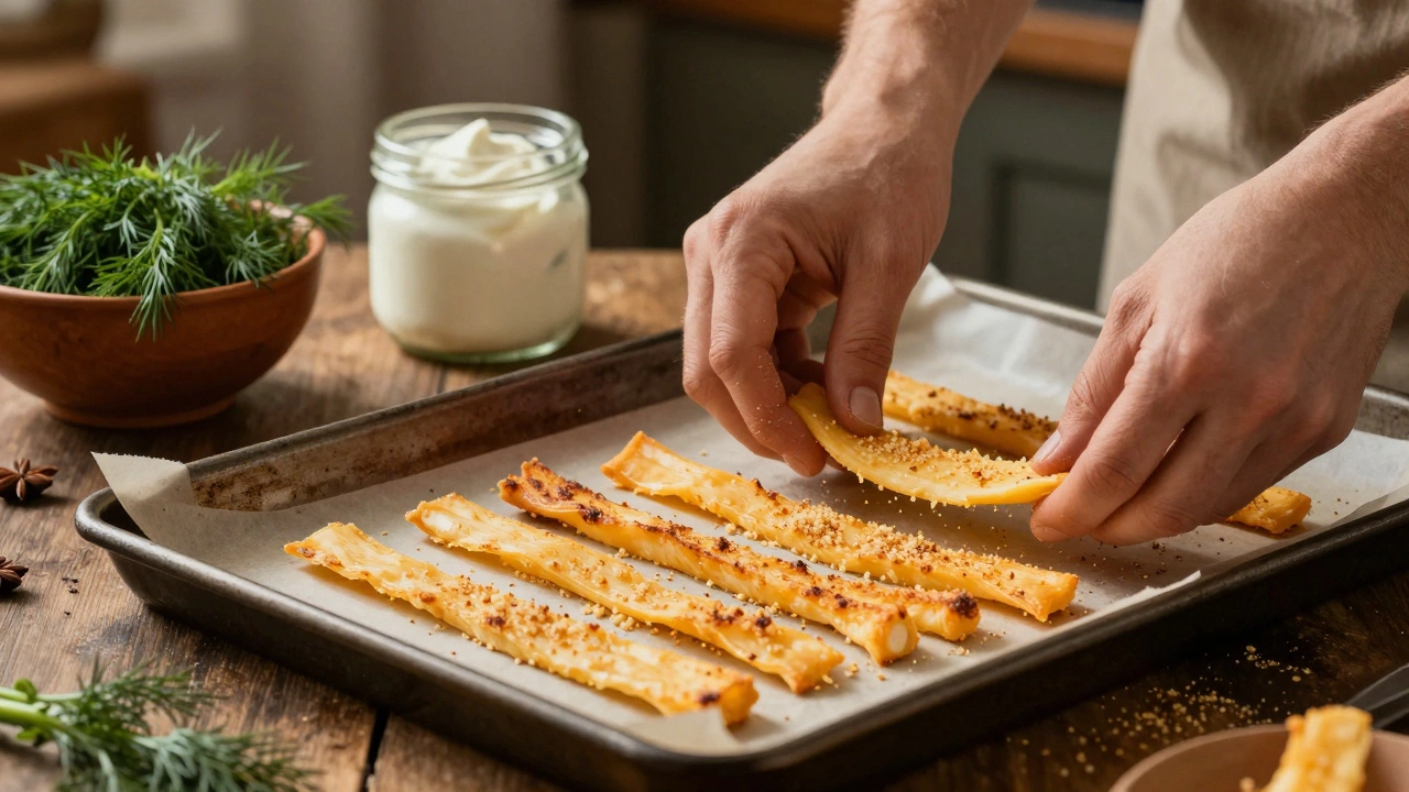 Тонкие сырные палочки с хрустящей корочкой, выпекаются в духовке, рядом — свежий укроп и сметана.