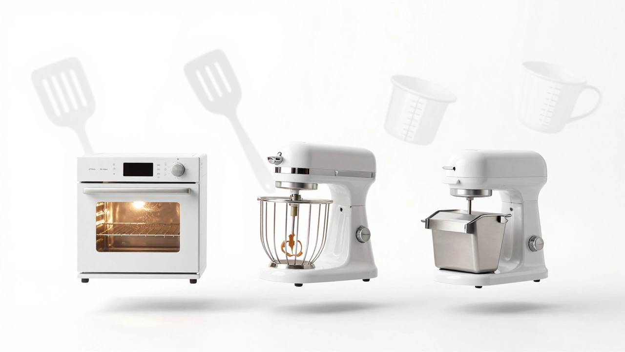 Три белых кухонных прибора парят в воздухе на белом фоне, излучая мягкое свечение — символ простоты и функциональности.