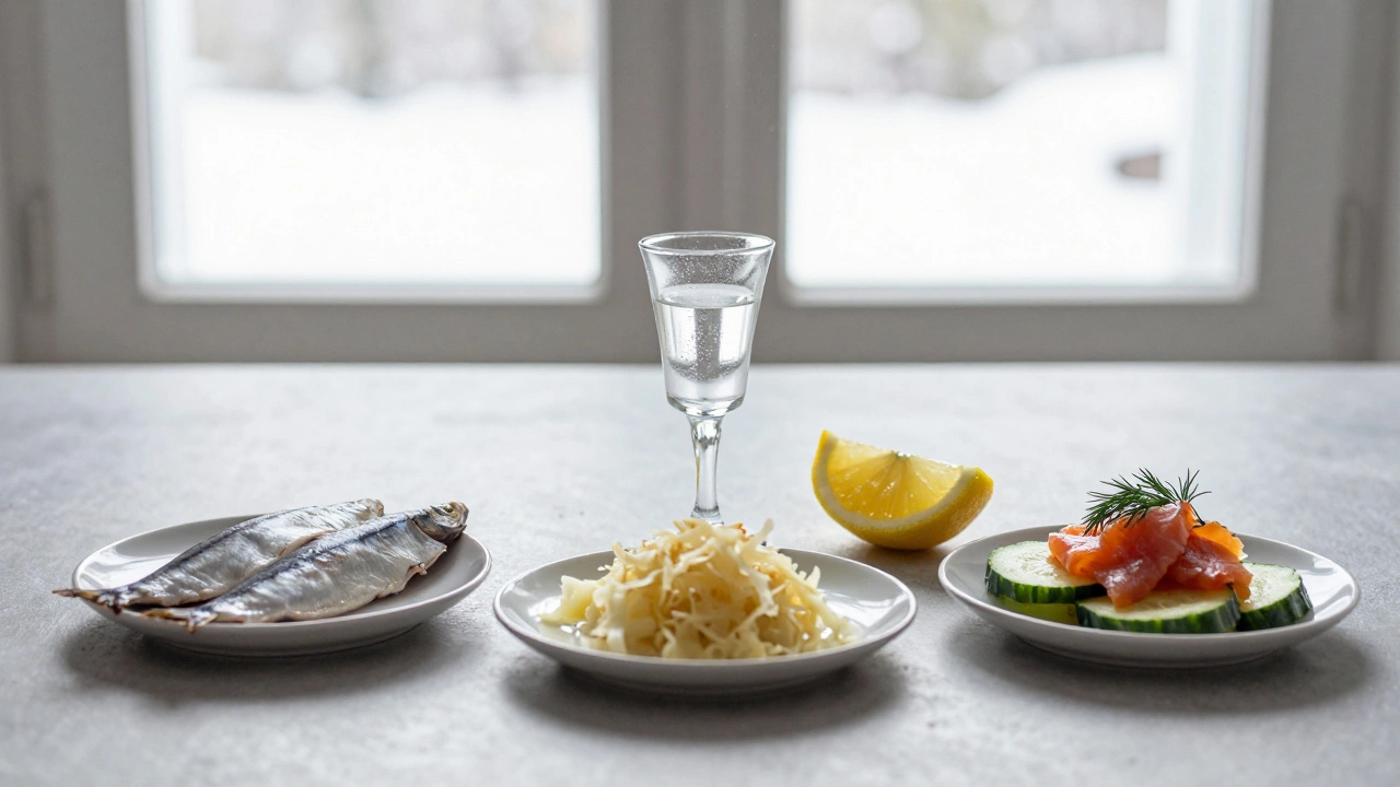 Три закуски к водке: сельдь, квашеная капуста и огурцы с семгой — на минималистичном столе с бокалом водки.