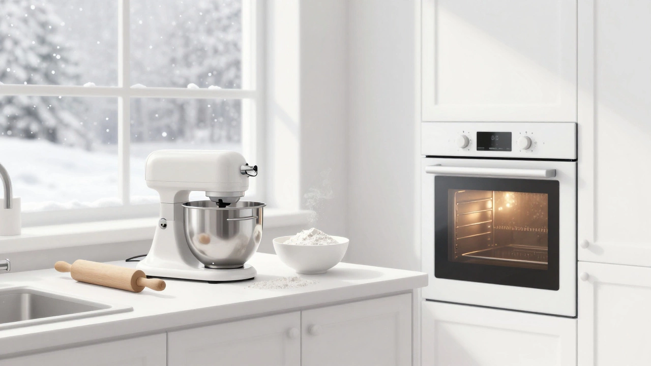 Зимний белый кухонный интерьер с матовым миксером на столе, теплое свечение духовки и падающий за окном снег.