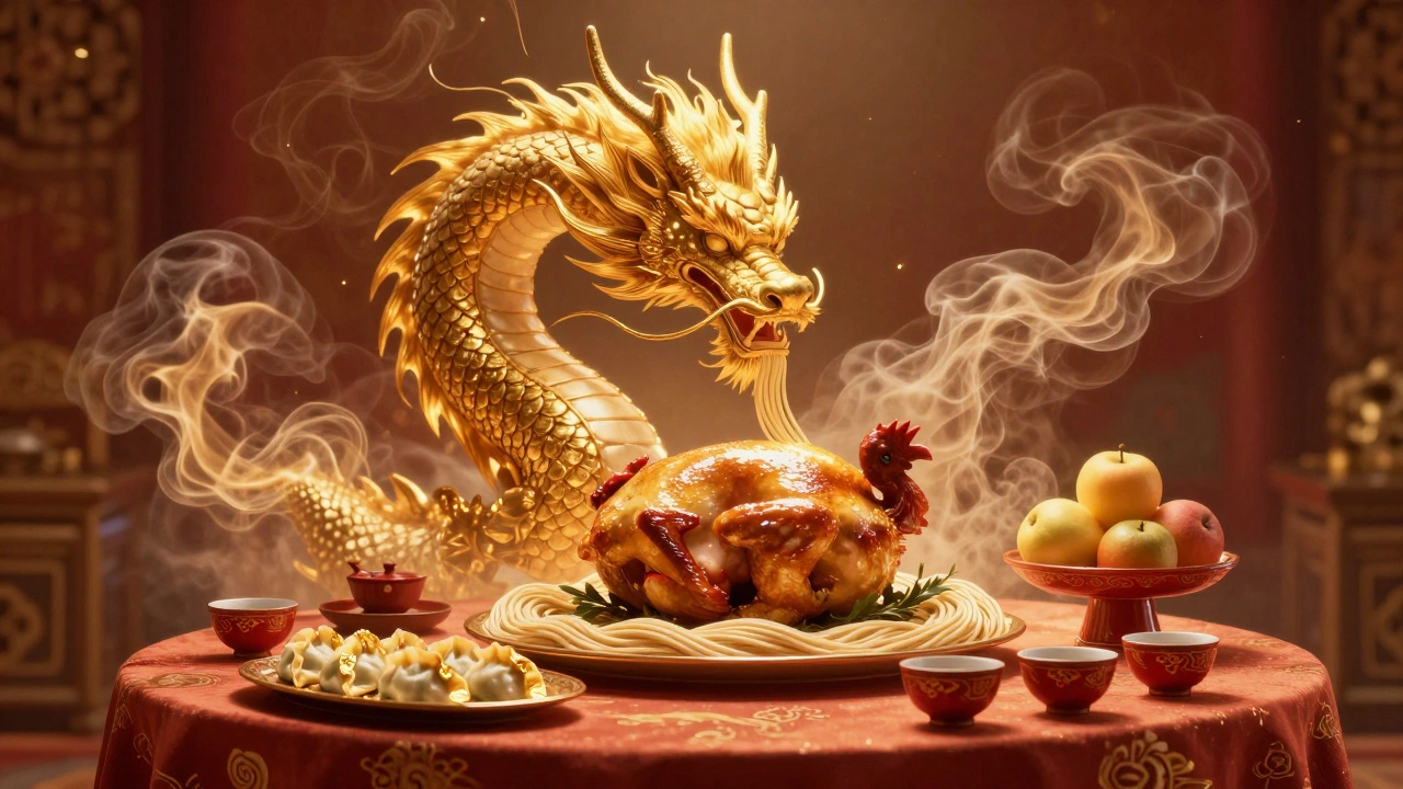 Золотой дракон из дыма и света над праздничным столом с курицей, лапшой и чайными чашками.