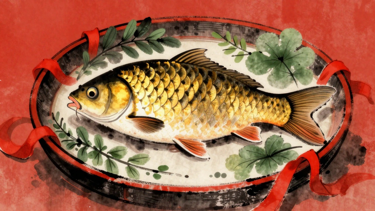 Блюдо с целой рыбой на столе, символизирующее удачу и единство