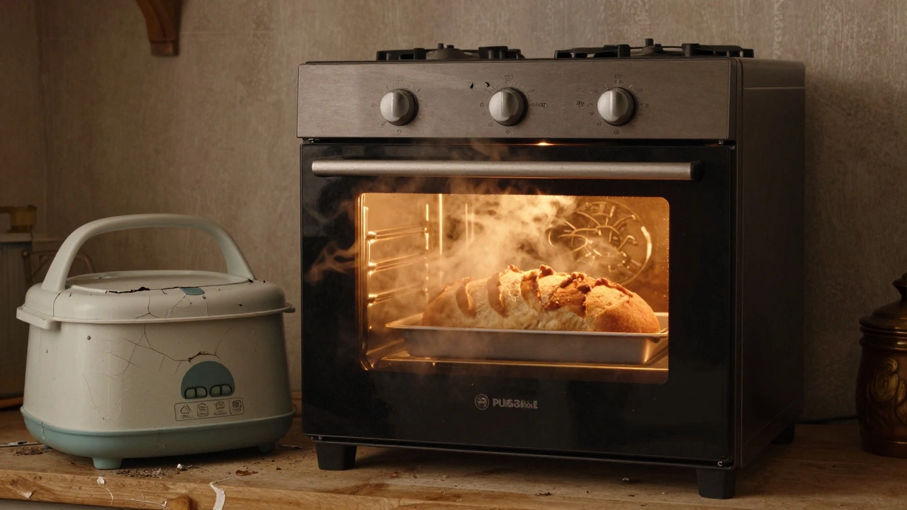 Духовка Bosch с механическим термостатом печет хлеб, рядом — сломанная техника из пластика.
