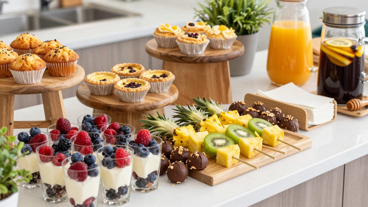 Фруктовые шашлычки, маффины и шоколадные трюфели на подставке с напитками