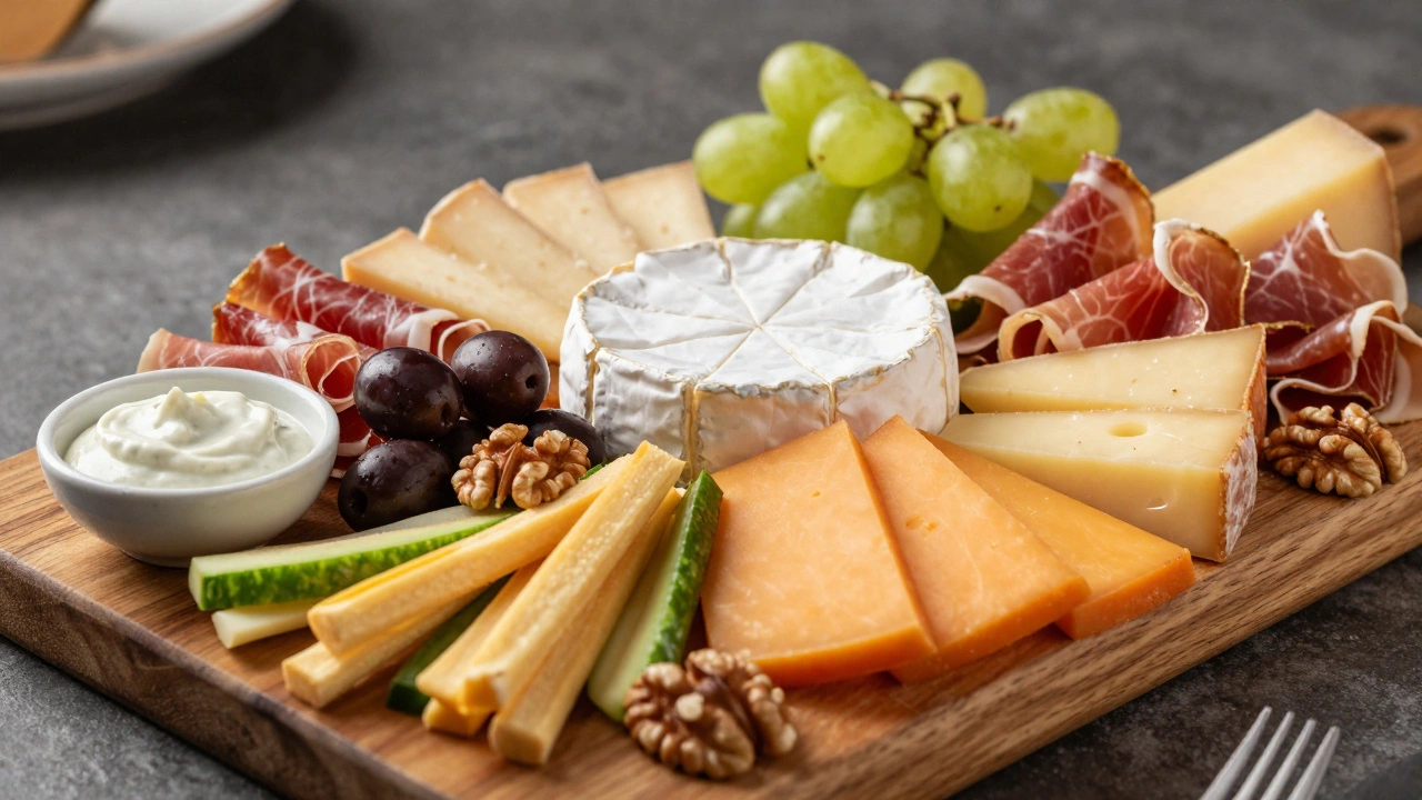 Изобильная доска с сырами, колбасой и овощами для гостей
