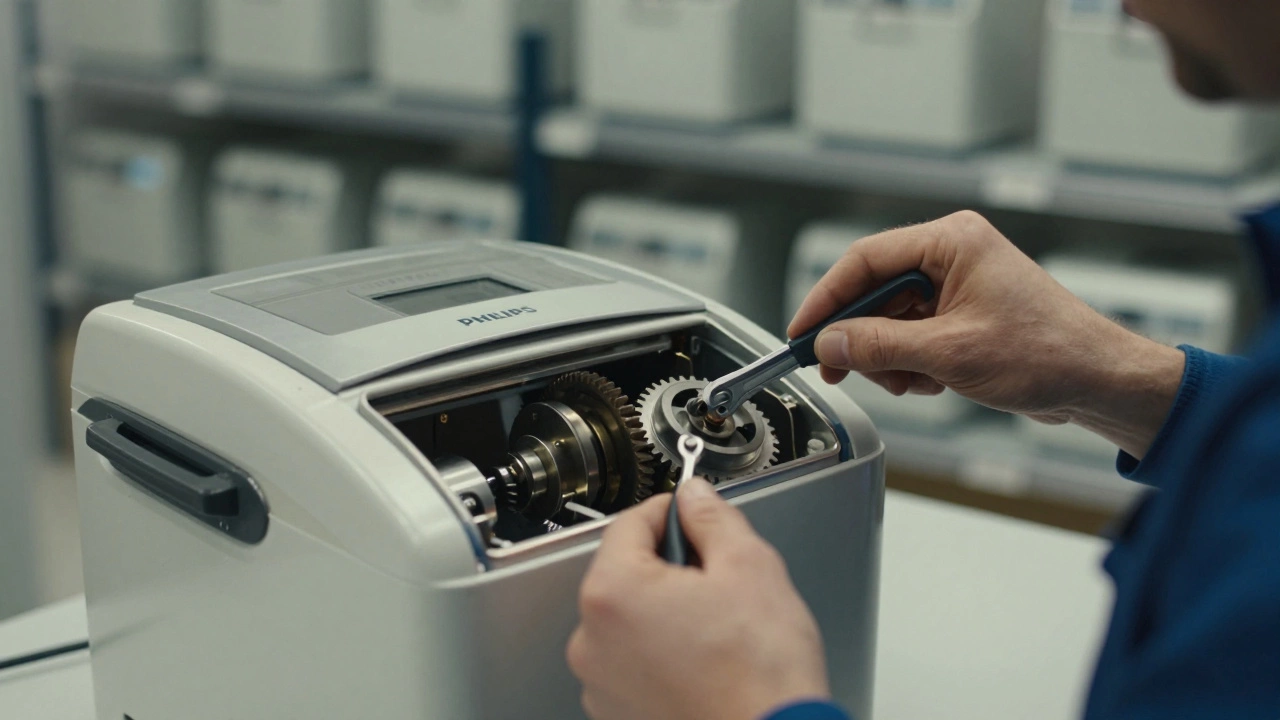 Мастер чинит хлебопечку Philips, видны стальные шестерни и биметаллический термостат.