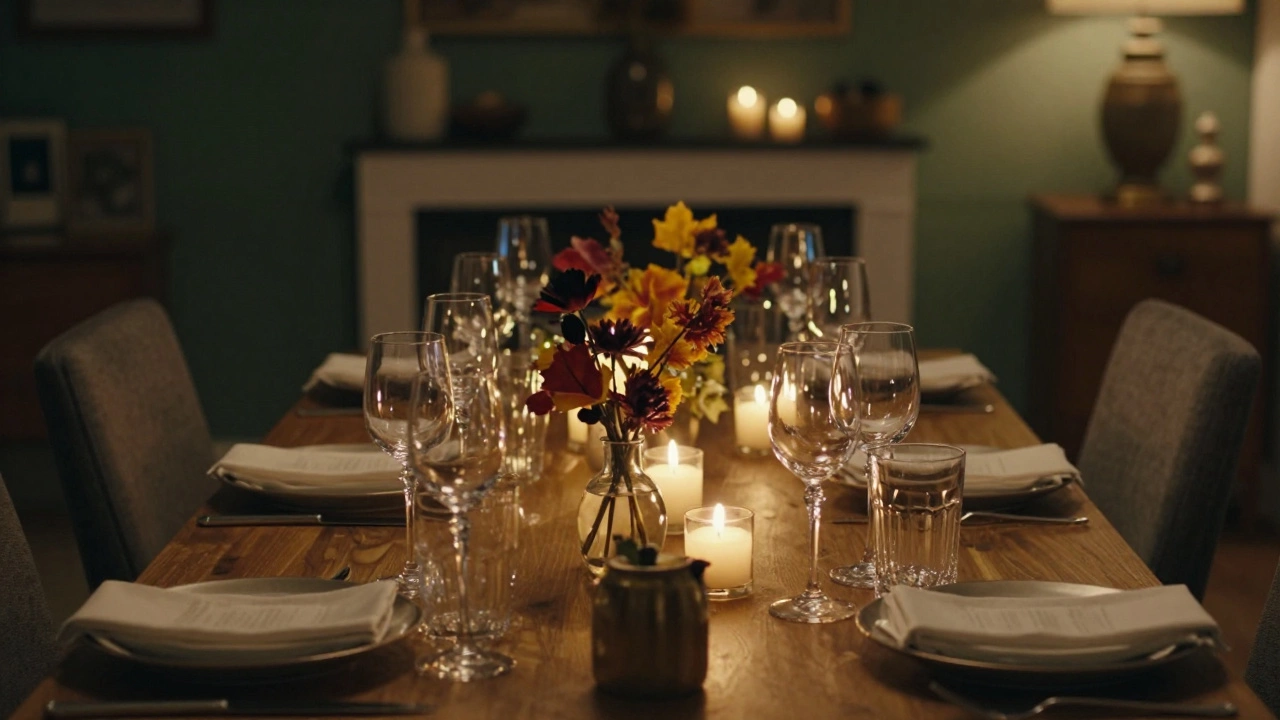 Низкие цветы и свечи на праздничном столе для удобного общения гостей