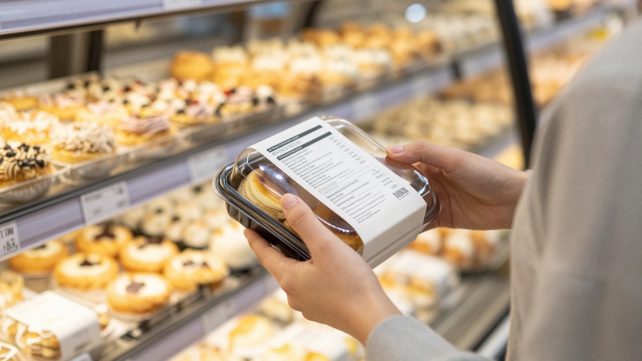 Покупатель осматривает упаковку тортов в супермаркете.