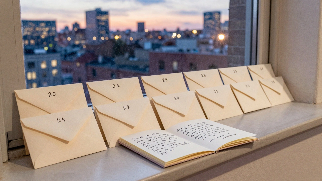 Ряд писем на подоконнике, одно открыто, за окном закат.