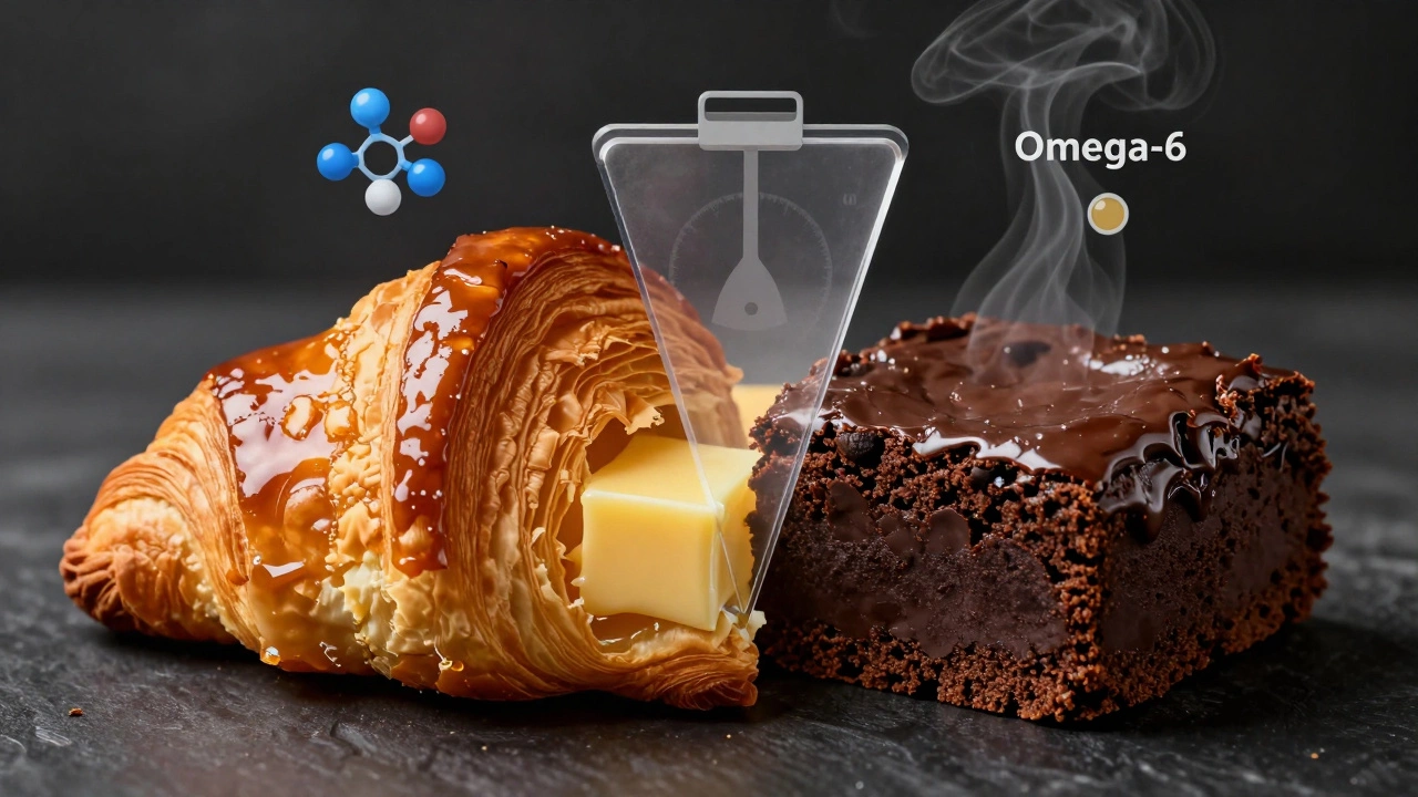 Разделенный десерт: слоеный крассан и влажный брауни, между ними — весы с молекулами жиров.