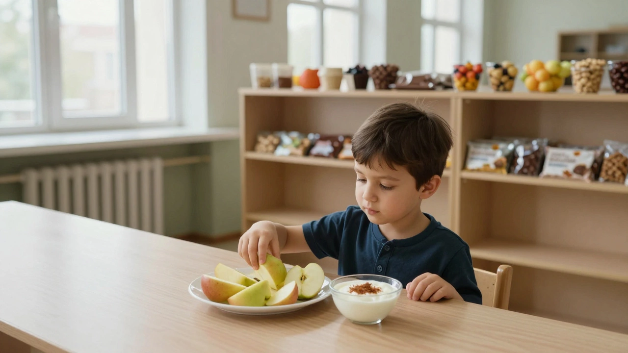 Ребёнок выбирает яблоки и йогурт вместо печенья в школьной столовой, полки с сладостями пусты.
