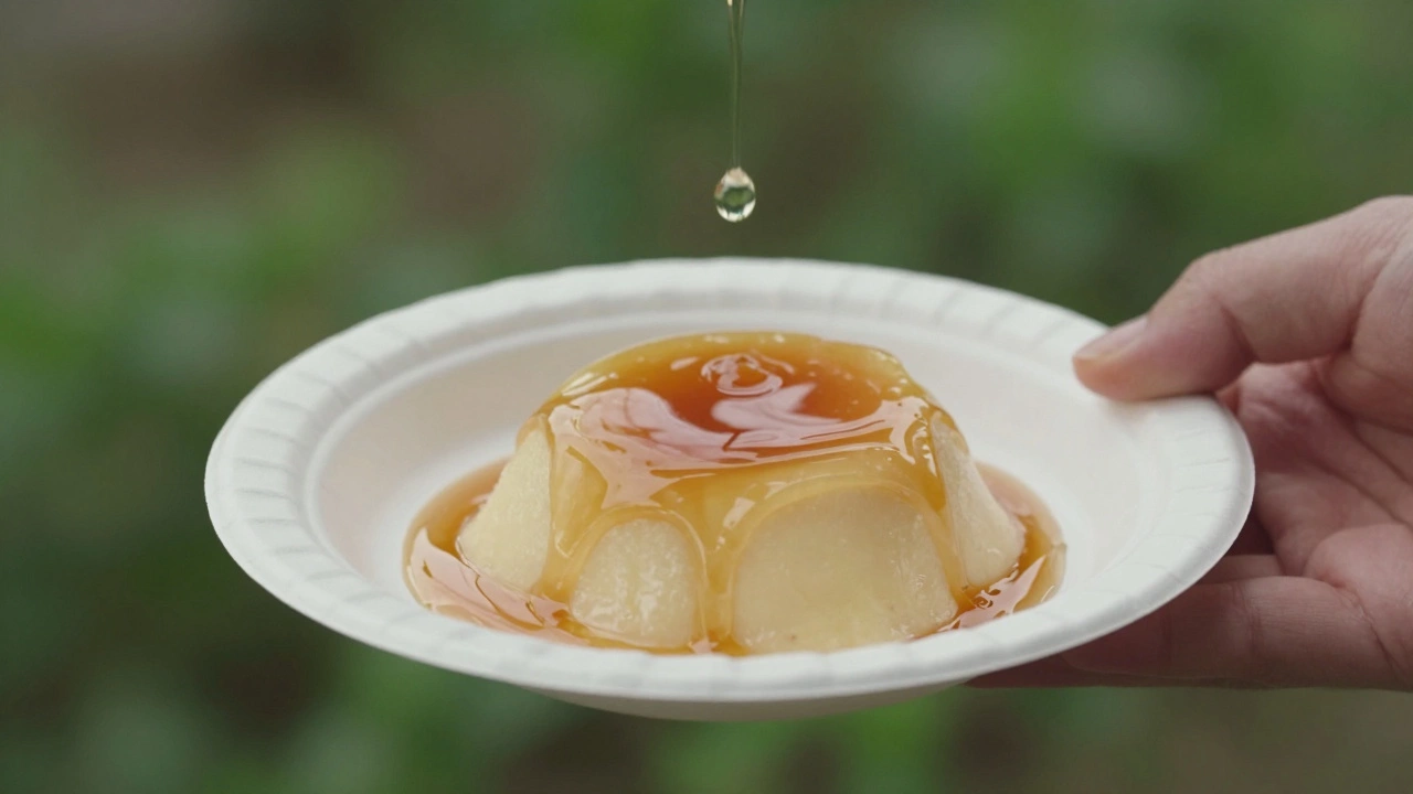 Рука поднимает тарелку с фруктовым десертом, капля сиропа висит над краем.