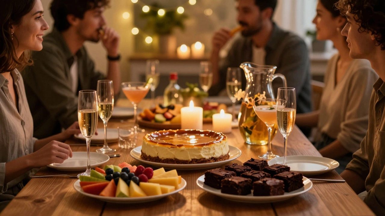 Сладкий стол с чизкейком и бокалами шампанского при свечах