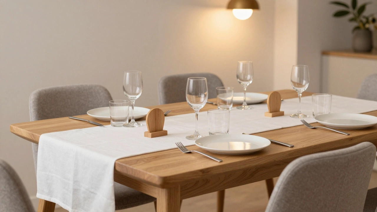 Современная минималистичная сервировка с деревянными карточками места