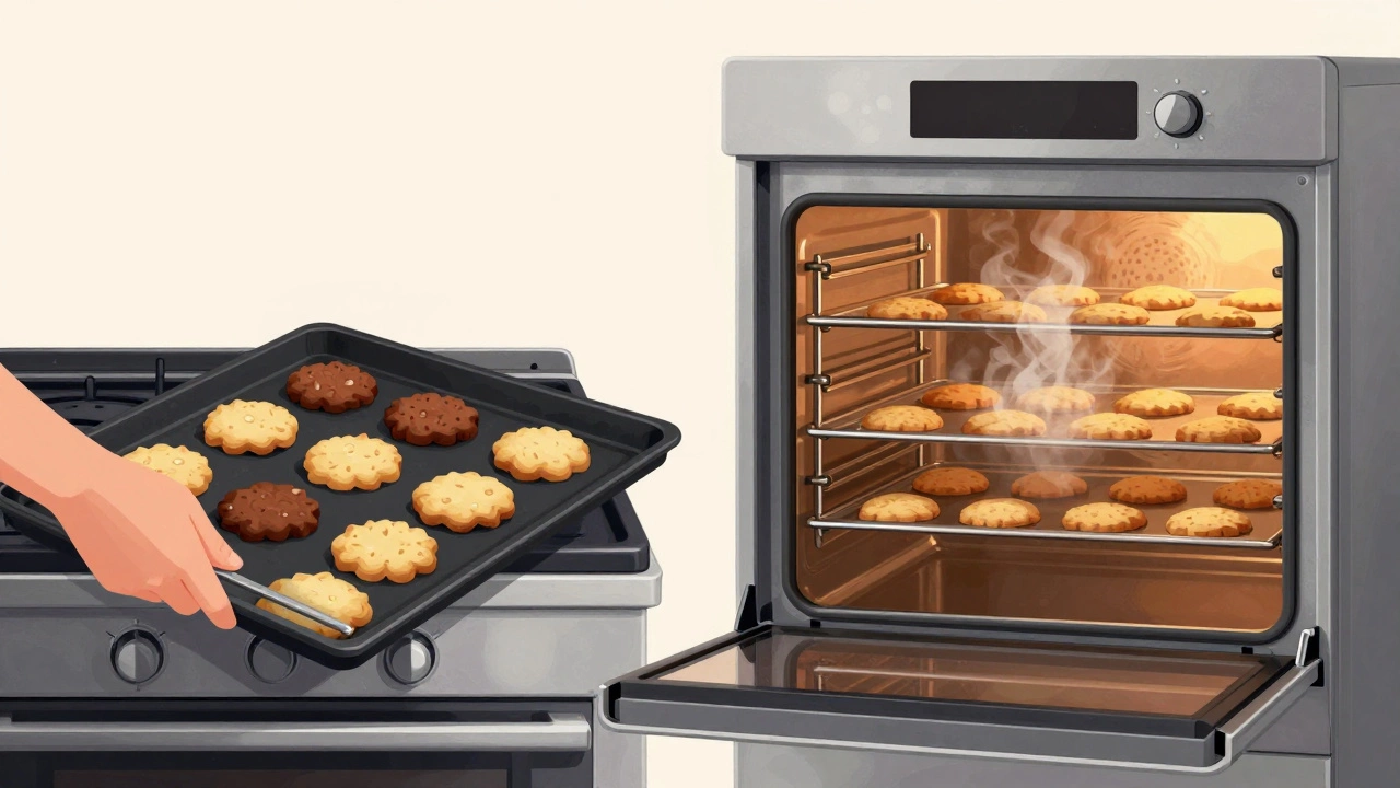 Сравнение неравномерной выпечки на обычной плите и равномерной в встроенной духовке с конвекцией.