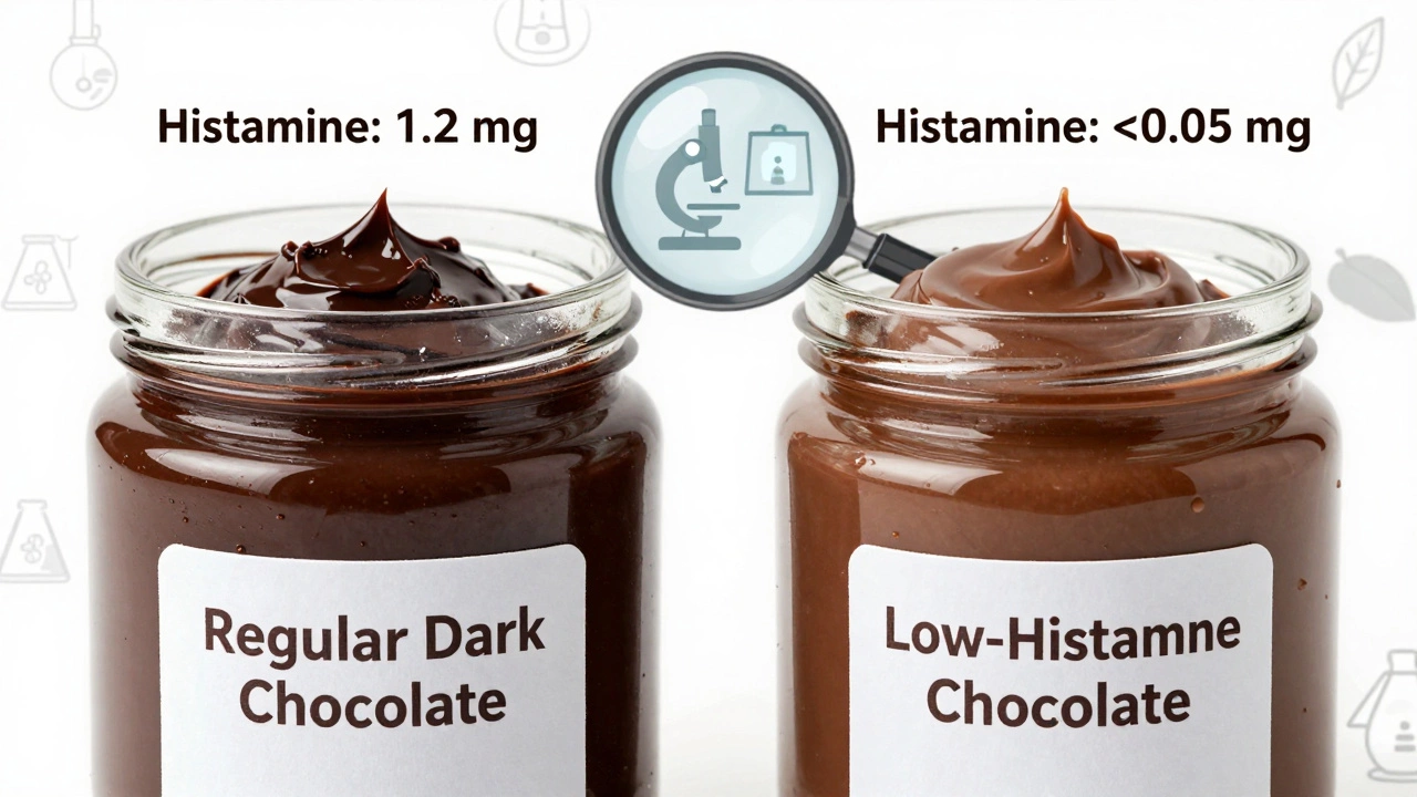 Сравнение обычного и низкогистаминного шоколада в прозрачных банках с метками гистамина.