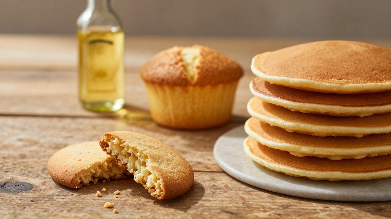 Свежая выпечка с бутылкой подсолнечного масла — ключ к нежности и влажности.